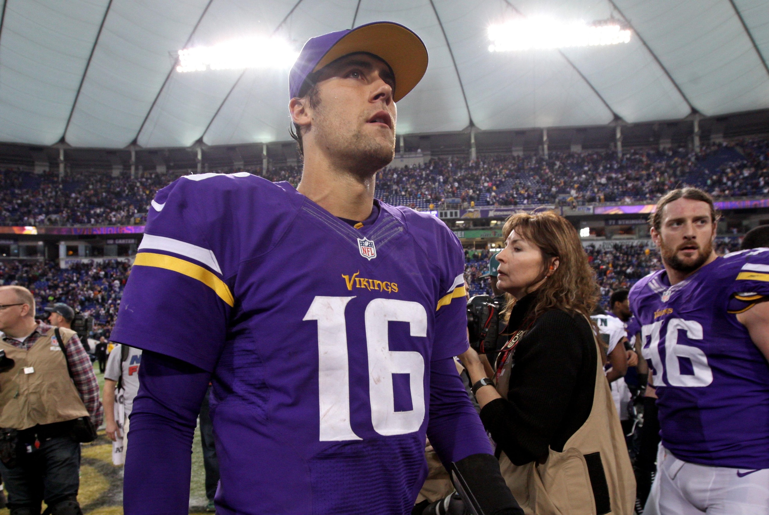 Dec 15, 2013; Minneapolis, MN, USA; Minnesota Vikings quarterback Matt Cassel (16) looks on following the game against the Philadelphia Eagles at Mall of America Field at H.H.H. Metrodome. The Vikings defeated the Eagles 48-30. Mandatory Credit: Brace Hemmelgarn-USA TODAY Sports
