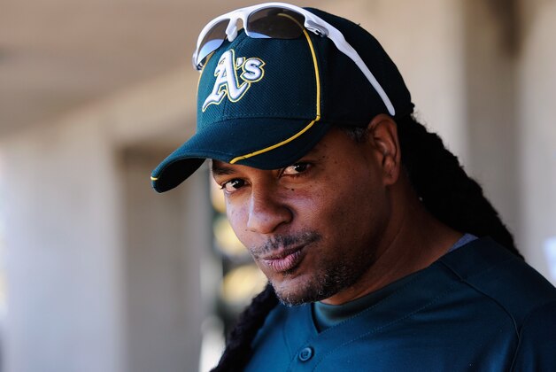 PHOENIX, AZ - MARCH 10:  Manny Ramirez #1 of the Oakland Athletics before the start of a spring training baseball game against the Cincinnati Reds at the Phoenix Municipal Stadium on March 10, 2012 in Phoenix, Arizona.  (Photo by Kevork Djansezian/Getty Images)