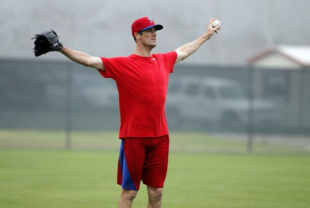 Feb 12, 2014; Clearwater, FL, USA; Philadelphia Phillies starting pitcher Cole Hamels (35) works out as they report at Bright House Networks Field. Mandatory Credit: Kim Klement-USA TODAY Sports