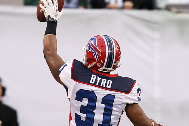EAST RUTHERFORD, NJ - JANUARY 02: Jairus Byrd #31 runs for a touchdown after intercepting a pass intended for Joe McKnight #25 of the New York Jets at New Meadowlands Stadium on January 2, 2011 in East Rutherford, New Jersey. (Photo by Al Bello/Getty Images) EAST RUTHERFORD, NJ - JANUARY 02: Jairus Byrd #31 runs for a touchdown after intercepting a pass intended for Joe McKnight #25 of the New York Jets at New Meadowlands Stadium on January 2, 2011 in East Rutherford, New Jersey. (Photo by Al Bello/Getty Images)