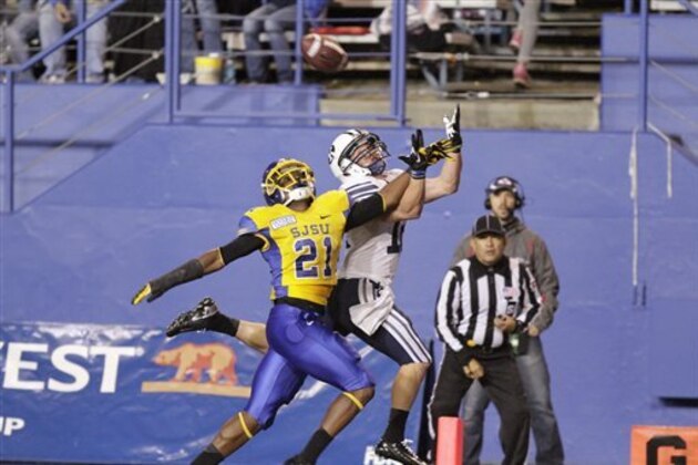 San Jose State Spartans defensive back Bene Benwikere (21) knocks the ball away from Brigham Young Cougars wide receiver JD Falslev (12) in the end zone in the 4th quarter of an NCAA college football game in San Jose, Calif., Saturday, Nov. 17, 2012. (AP Photo/John Storey)