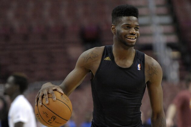 Philadelphia 76ers' Nerlens Noel is seen during an NBA basketball game against the Cleveland Cavaliers on Tuesday, Feb. 18, 2014, in Philadelphia. The Cavaliers beat the 76ers 114-85. (AP Photo/Michael Perez)