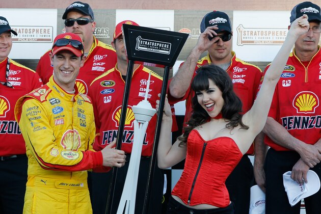 LAS VEGAS, NV - MARCH 07:  Joey Logano, driver of the #22 Shell-Pennzoil Ford, will start on the pole after turning the fastest lap during qualifying for the NASCAR Sprint Cup Series Kobalt 400 at Las Vegas Motor Speedway on March 7, 2014 in Las Vegas, Nevada.  (Photo by Brian Lawdermilk/Getty Images)