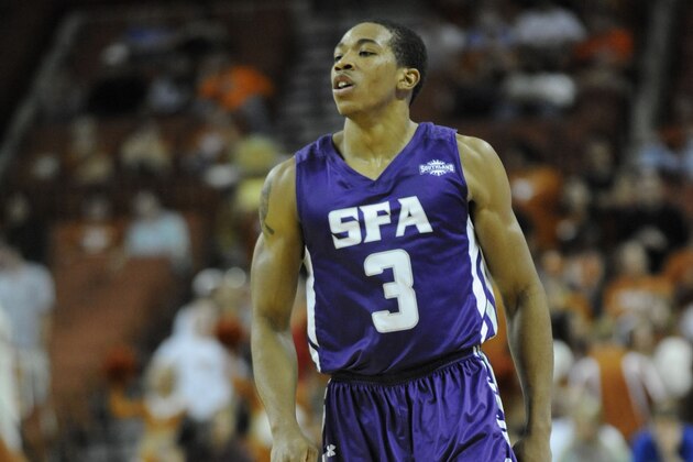Nov 15, 2013; Austin, TX, USA; Stephen F. Austin Lumberjacks guard Deshaunt Walker (3) reacts against the Texas Longhorns during the second half at the Frank Erwin Special Events Center. Texas beat Stephen F. Austin 72-62. Mandatory Credit: Brendan Maloney-USA TODAY Sports