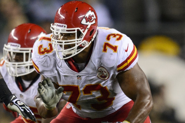 Sep 19, 2013; Philadelphia, PA, USA; Kansas City Chiefs offensive lineman Jon Asamoah (73) during the third quarter against the Philadelphia Eagles at Lincoln Financial Field. The Chiefs defeated the Eagles 26-16. Mandatory Credit: Howard Smith-USA TODAY Sports