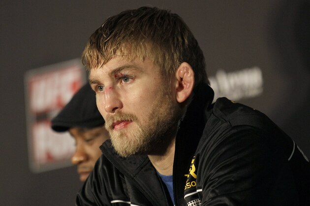 Alexander Gustafsson, from Sweden,  is shown at a news conference after a UFC on Fox mixed martial arts event in Seattle, Saturday, Dec. 8, 2012. (AP Photo/Jeff Chiu)