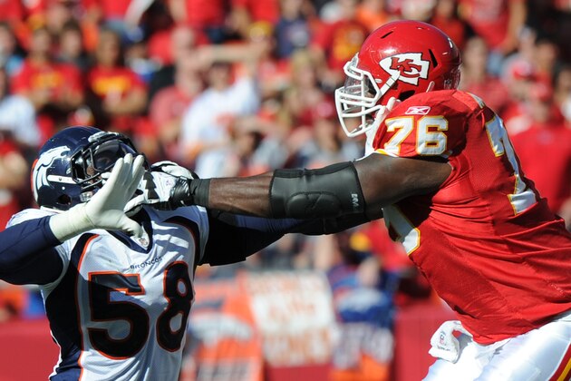 KANSAS CITY, MO - NOVEMBER 13: Offensive tackle Branden Albert #76 of the Kansas City Chiefs blocks linebacker Von Miller #58 of the Denver Broncos during the first half on November 13, 2011 at Arrowhead Stadium in Kansas City, Missouri. Denver defeated Kansas City 17-10. (Photo by Peter Aiken/Getty Images) KANSAS CITY, MO - NOVEMBER 13: Offensive tackle Branden Albert #76 of the Kansas City Chiefs blocks linebacker Von Miller #58 of the Denver Broncos during the first half on November 13, 2011 at Arrowhead Stadium in Kansas City, Missouri. Denver defeated Kansas City 17-10. (Photo by Peter Aiken/Getty Images)