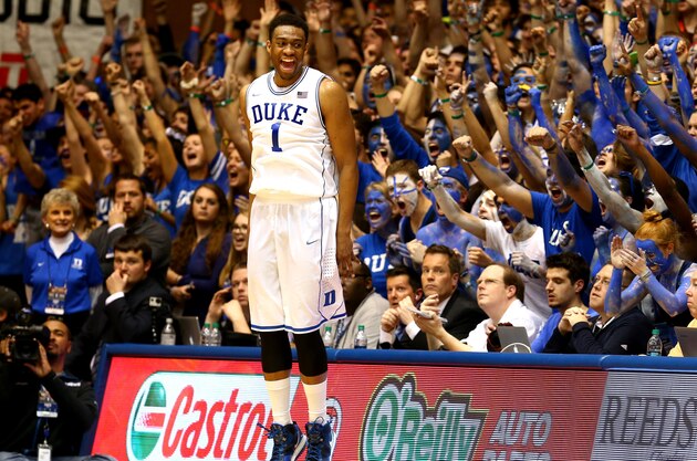 DURHAM, NC - MARCH 08:  Jabari Parker #1 of the Duke Blue Devils reacts after making a basket during their game against the North Carolina Tar Heels at Cameron Indoor Stadium on March 8, 2014 in Durham, North Carolina.  (Photo by Streeter Lecka/Getty Images)