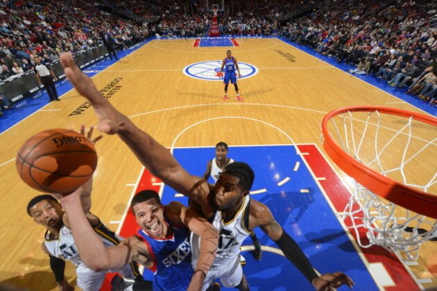 PHILADELPHIA, PA - MARCH 8: Michael Carter-Williams #1 of the Philadelphia 76ers goes up for the layup against the Utah Jazz at the Wells Fargo Center on March 8, 2014 in Philadelphia, Pennsylvania. NOTE TO USER: User expressly acknowledges and agrees that, by downloading and or using this photograph, User is consenting to the terms and conditions of the Getty Images License Agreement. Mandatory Copyright Notice: Copyright 2013 NBAE (Photo by Jesse D. Garrabrant/NBAE via Getty Images)