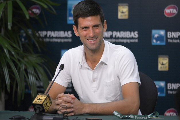 Novak Djokovic, of Serbia, speaks during a news conference at the BNP Paribas Open tennis tournament Friday, March 7, 2014, in Indian Wells, Calif. (AP Photo/Mark J. Terrill)