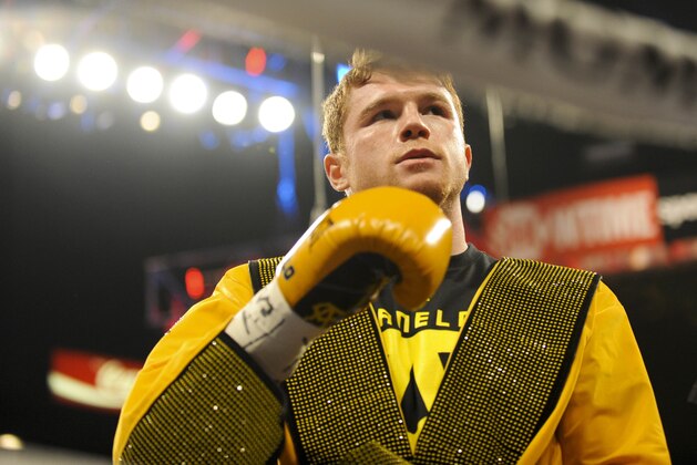 Mar 8, 2014; Las Vegas, NV, USA; Saul Alvarez prior to his super welterweight main event bout against Alfredo Angulo at MGM Grand Arena. Mandatory Credit: Stephen R. Sylvanie-USA TODAY Sports
