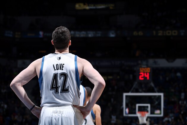 MINNEAPOLIS, MN - MARCH 7: Kevin Love #42 of the Minnesota Timberwolves stands on the court during a game against the Detroit Pistons on March 7, 2014 at Target Center in Minneapolis, Minnesota. NOTE TO USER: User expressly acknowledges and agrees that, by downloading and or using this Photograph, user is consenting to the terms and conditions of the Getty Images License Agreement. Mandatory Copyright Notice: Copyright 2014 NBAE (Photo by David Sherman/NBAE via Getty Images)
