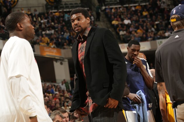 INDIANAPOLIS - FEBRUARY 7: Andrew Bynum #17 of the Indiana Pacers before the game against the Portland Trail Blazers at Bankers Life Fieldhouse on February 7, 2014 in Indianapolis, Indiana. NOTE TO USER: User expressly acknowledges and agrees that, by downloading and or using this Photograph, user is consenting to the terms and condition of the Getty Images License Agreement. Mandatory Copyright Notice: 2014 NBAE (Photo by Ron Hoskins/NBAE via Getty Images) INDIANAPOLIS - FEBRUARY 7: Andrew Bynum #17 of the Indiana Pacers before the game against the Portland Trail Blazers at Bankers Life Fieldhouse on February 7, 2014 in Indianapolis, Indiana. NOTE TO USER: User expressly acknowledges and agrees that, by downloading and or using this Photograph, user is consenting to the terms and condition of the Getty Images License Agreement. Mandatory Copyright Notice: 2014 NBAE (Photo by Ron Hoskins/NBAE via Getty Images)