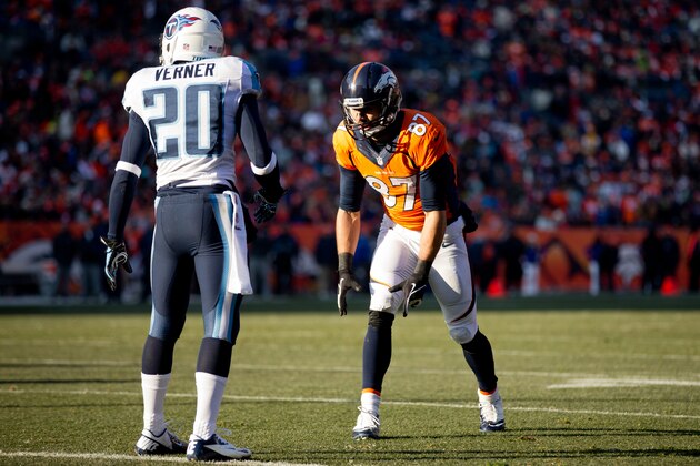 DENVER, CO - DECEMBER 8:  Wide receiver Eric Decker #87 of the Denver Broncos lines up against defensive back Alterraun Verner #20 of the Tennessee Titans during a game at Sports Authority Field Field at Mile High on December 8, 2013 in Denver, Colorado. (Photo by Justin Edmonds/Getty Images)