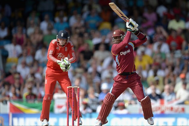 BRIDGETOWN, BARBADOS - MARCH 09:  Marlon Samuels of the West Indies bats during the 1st T20 International between the West Indies and England at Kensington Oval on March 9, 2014 in Bridgetown, Barbados.  (Photo by Gareth Copley/Getty Images)