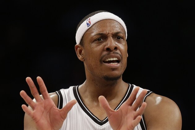 Brooklyn Nets' Paul Pierce disputes a foul during the second half of the NBA basketball game against the Chicago Bulls at the Barclays Center, Monday, March 3, 2014 in New York. The Nets defeated the Bulls 96-80. (AP Photo/Seth Wenig)