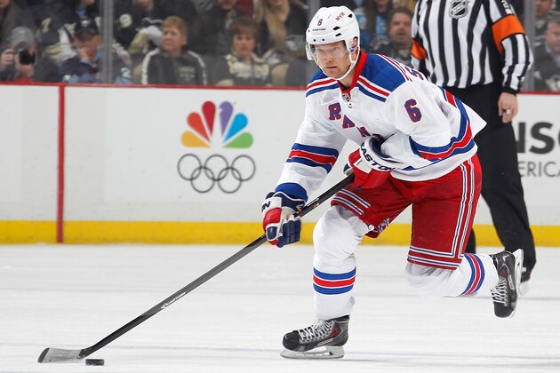 PITTSBURGH, PA - FEBRUARY 7:  Anton Stralman #6 of the New York Rangers moves the puck against the Pittsburgh Penguins on February 7, 2014 at Consol Energy Center in Pittsburgh, Pennsylvania.  (Photo by Gregory Shamus/NHLI via Getty Images)