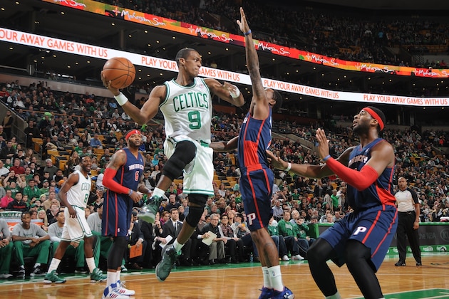 BOSTON, MA - MARCH 9: Rajon Rondo #9 of the Boston Celtics passes the ball against the Detroit Pistons on March 9, 2014 at the TD Garden in Boston, Massachusetts.  NOTE TO USER: User expressly acknowledges and agrees that, by downloading and or using this photograph, User is consenting to the terms and conditions of the Getty Images License Agreement. Mandatory Copyright Notice: Copyright 2014 NBAE  (Photo by Brian Babineau/NBAE via Getty Images)