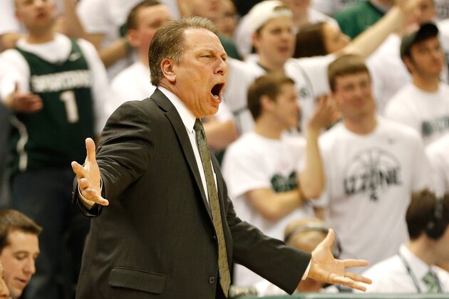 EAST LANSING, MI - FEBRUARY 06: Head coach Tom Izzo reacts during the first half while playing the Iowa Hawkeyes at the Jack T. Breslin Student Events Center on February 6, 2014 in East Lansing, Michigan. (Photo by Gregory Shamus/Getty Images)