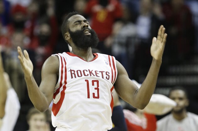 Houston Rockets' James Harden celebrates hitting a three-point shot against the Indiana Pacers in the second half of an NBA basketball game Friday, March 7, 2014, in Houston. The Rockets won 112-86. (AP Photo/Pat Sullivan)