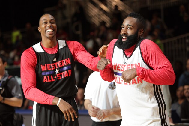 NEW ORLEANS, LA - FEBRUARY 15: Dwight Howard and James Harden of the Western Conference All-Stars laugh during NBA All-Star Practice at Sprint Arena as part of 2014 NBA All-Star Weekend at the Ernest N. Morial Convention Center on February 15, 2014 in New Orleans, Louisiana. NOTE TO USER: User expressly acknowledges and agrees that, by downloading and/or using this photograph, user is consenting to the terms and conditions of the Getty Images License Agreement.  Mandatory Copyright Notice: Copyright 2014 NBAE (Photo by Ron Hoskins/NBAE via Getty Images)