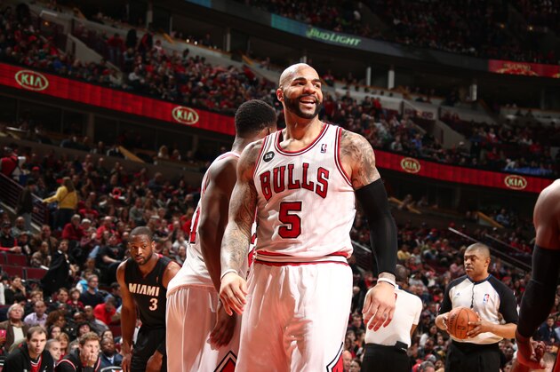 CHICAGO, IL - MARCH 9: Carlos Boozer #5 of the Chicago Bulls during a game against the Miami Heat at the United Center in Chicago. NOTE TO USER: User expressly acknowledges and agrees that, by downloading and or using this photograph, User is consenting to the terms and conditions of the Getty Images License Agreement. Mandatory Copyright Notice: Copyright 2014 NBAE (Photo by Nathaniel S. Butler/NBAE via Getty Images) CHICAGO, IL - MARCH 9: Carlos Boozer #5 of the Chicago Bulls during a game against the Miami Heat at the United Center in Chicago. NOTE TO USER: User expressly acknowledges and agrees that, by downloading and or using this photograph, User is consenting to the terms and conditions of the Getty Images License Agreement. Mandatory Copyright Notice: Copyright 2014 NBAE (Photo by Nathaniel S. Butler/NBAE via Getty Images)