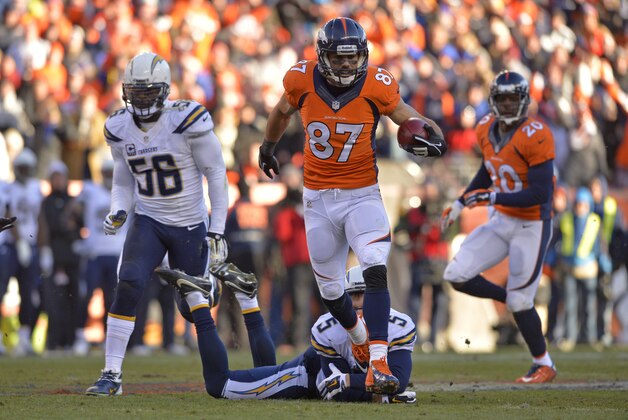 Denver Broncos wide receiver Eric Decker (87) runs the ball upfield on a punt return against the San Diego Chargers in the second quarterof an NFL AFC division playoff football game, Sunday, Jan. 12, 2014, in Denver. (AP Photo/Jack Dempsey)