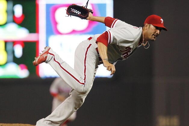 Philadelphia Phillies relief pitcher Mike Adams throws against the Minnesota Twins during the eighth inning of a baseball game, Tuesday, June 11, 2013, in Minneapolis. (AP Photo/Genevieve Ross) Philadelphia Phillies relief pitcher Mike Adams throws against the Minnesota Twins during the eighth inning of a baseball game, Tuesday, June 11, 2013, in Minneapolis. (AP Photo/Genevieve Ross)