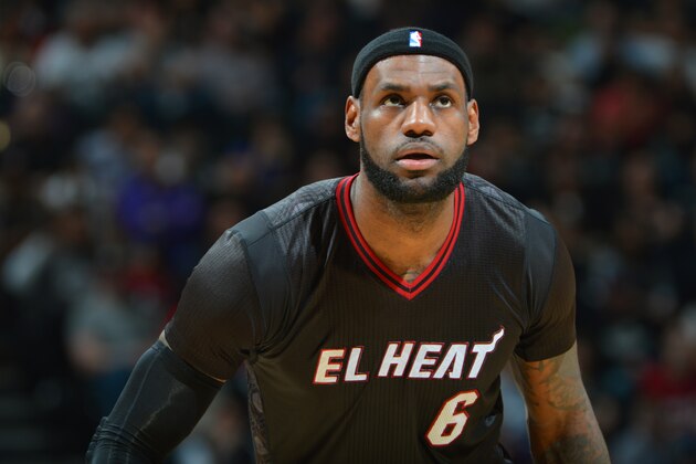 SAN ANTONIO, TX - MARCH 6: LeBron James #6 of the Miami Heat during a game against the San Antonio Spurs at the AT&T Center March 6, 2014 in San Antonio, Texas. NOTE TO USER: User expressly acknowledges and agrees that, by downloading and or using this photograph, User is consenting to the terms and conditions of the Getty Images License Agreement. Mandatory Copyright Notice: Copyright 2014 NBAE (Photo by Jesse D. Garrabrant/NBAE via Getty Images)