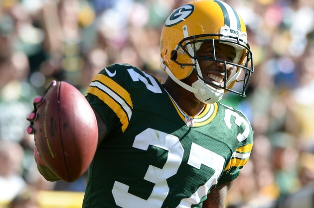 GREEN BAY, WI - OCTOBER 06:  Sam Shields #37 of the Green Bay Packers reacts as he is called for a penalty during the game against the Detroit Lions at Lambeau Field on October 6, 2013 in Green Bay, Wisconsin.  (Photo by Harry How/Getty Images)
