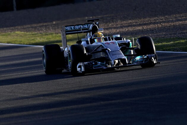 Lewis Hamilton of Great Britain and Mercedes GP drives at the Circuito de Jerez on Thursday, Jan. 30, 2014, in Jerez de la Frontera, Spain. (AP Photo/Miguel Angel Morenatti)