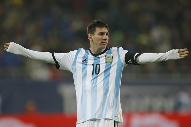Argentina's Lionel Messi reacts during an international friendly soccer game against Romania on the National Arena stadium in Bucharest, Romania, Wednesday, March 5, 2014.. (AP Photo/Vadim Ghirda)