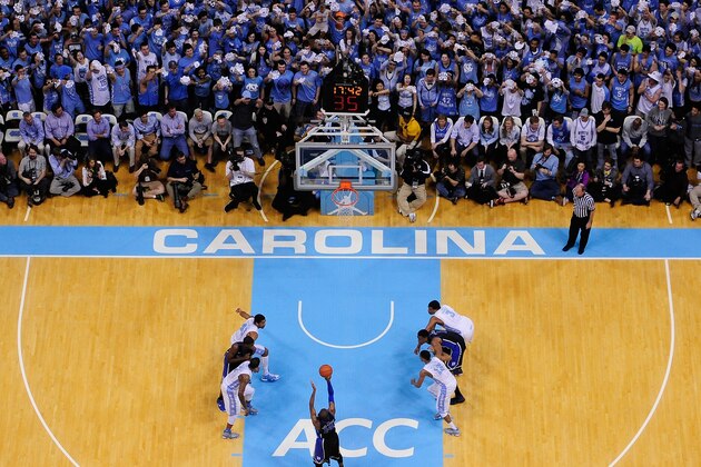 CHAPEL HILL, NC - FEBRUARY 20:  Fans hold up paper snowflakes in an attempt to distract Rasheed Sulaimon #14 of the Duke Blue Devils as he shoots a free throw during a game against the North Carolina Tar Heels at the Dean Smith Center on February 20, 2014 in Chapel Hill, North Carolina. North Carolina won 74-66.  (Photo by Grant Halverson/Getty Images)