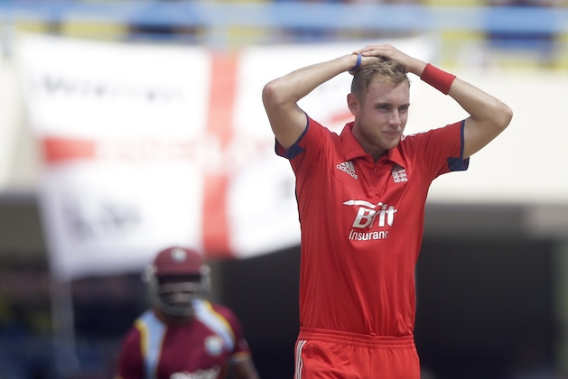 England's captain Stuart Broad gestures during a one-day international cricket match against West Indies at the Sir Vivian Richards Cricket Ground in St. John's, Antigua, Sunday, March 2, 2014. (AP Photo/Ricardo Mazalan)