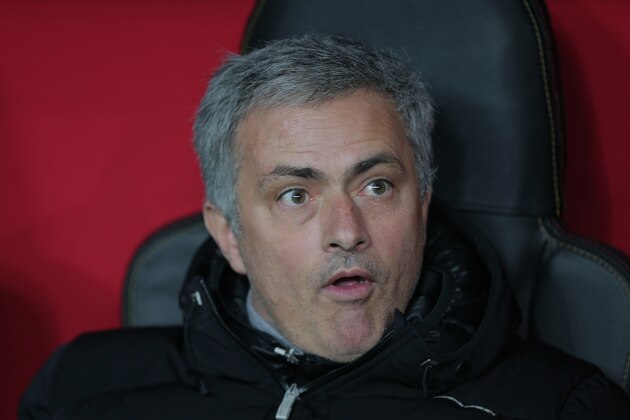 Chelsea's manager Jose Mourinho reacts during their UEFA Champions League Round of 16, First Leg match between Galatasaray and Chelsea at Turk Telekom Arena Stadium in Istanbul, Turkey, Wednesday, Feb. 26, 2014. (AP Photo)
