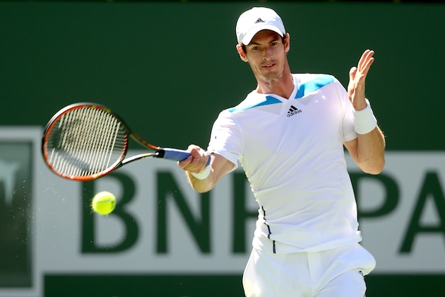 INDIAN WELLS, CA - MARCH 10: Andy Murray of Great Britain returns a shot to Jiri Vesely of Czech Republic during the BNP Parabas Open at the Indian Wells Tennis Garden on March 10, 2014 in Indian Wells, California.  (Photo by Matthew Stockman/Getty Images)