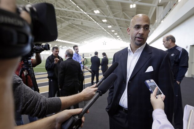 Vanderbilt head football coach James Franklin answers questions during the opening of the school's new multipurpose facility field house Tuesday, Nov. 5, 2013, in Nashville, Tenn. The $31 million addition will give the football team a place to work out during bad weather and will give the track team a place to hold indoor meets. (AP Photo/Mark Humphrey)