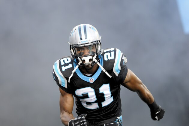 Carolina Panthers free safety Mike Mitchell (21) runs on the the field during player introductions before the start of an NFL football game  in Charlotte, NC, Sunday, Dec. 15, 2013. (AP Photo / Mike McCarn)