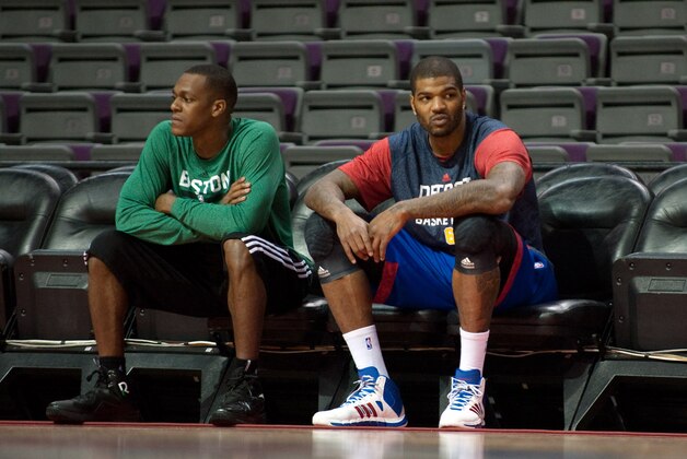 Nov 3, 2013; Auburn Hills, MI, USA; Boston Celtics point guard Rajon Rondo (9) talks with Detroit Pistons small forward Josh Smith (6) before the game at The Palace of Auburn Hills. Mandatory Credit: Tim Fuller-USA TODAY Sports