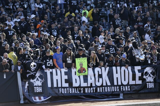 Oakland Raiders fans sit in the The Black Hole section of O.co Coliseum during the first half of an NFL football game against the Denver Broncos in Oakland, Calif., Sunday, Dec. 29, 2013. (AP Photo/Marcio Jose Sanchez)