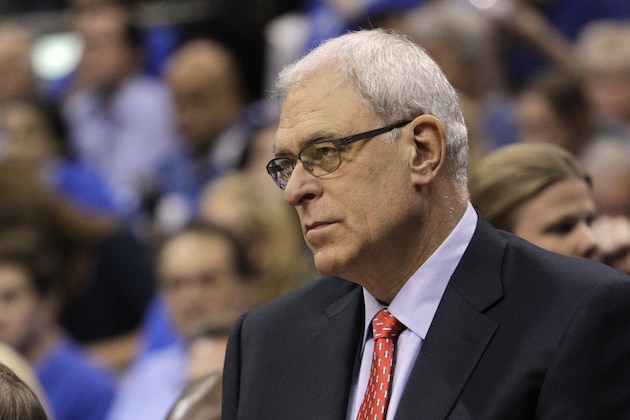 Los Angeles Lakers head coach Phil Jackson during Game 4 of a second-round NBA playoff basketball series against the Dallas Mavericks, Sunday, May 8, 2011, in Dallas. The Mavericks won 122-86.  (AP Photo/Tony Gutierrez)