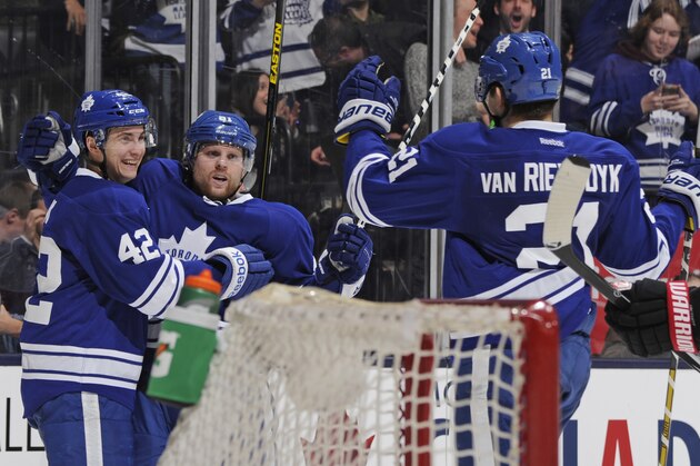 TORONTO, ON - FEBRUARY 1: Tyler Bozak #42, Phil Kessel #81 and James van Riemsdyk #21 of the Toronto Maple Leafs celebrate a third period goal against the Ottawa Senators during NHL game action February 1, 2014 at the Air Canada Centre in Toronto, Ontario, Canada. (Photo by Graig Abel/NHLI via Getty Images) TORONTO, ON - FEBRUARY 1: Tyler Bozak #42, Phil Kessel #81 and James van Riemsdyk #21 of the Toronto Maple Leafs celebrate a third period goal against the Ottawa Senators during NHL game action February 1, 2014 at the Air Canada Centre in Toronto, Ontario, Canada. (Photo by Graig Abel/NHLI via Getty Images)