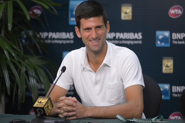 Novak Djokovic, of Serbia, speaks during a news conference at the BNP Paribas Open tennis tournament Friday, March 7, 2014, in Indian Wells, Calif. (AP Photo/Mark J. Terrill)
