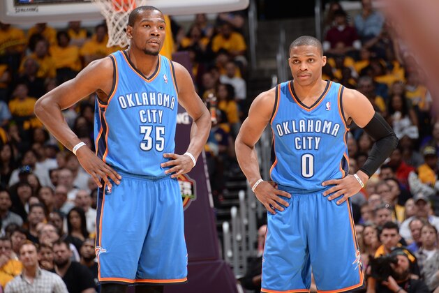 LOS ANGELES, CA - MARCH 9: Kevin Durant #35 and Russell Westbrook #0 of the Oklahoma City Thunder during a game against the Los Angeles Lakers at STAPLES Center on March 9, 2014 in Los Angeles, California. NOTE TO USER: User expressly acknowledges and agrees that, by downloading and/or using this Photograph, user is consenting to the terms and conditions of the Getty Images License Agreement. Mandatory Copyright Notice: Copyright 2014 NBAE (Photo by Andrew D. Bernstein/NBAE via Getty Images)