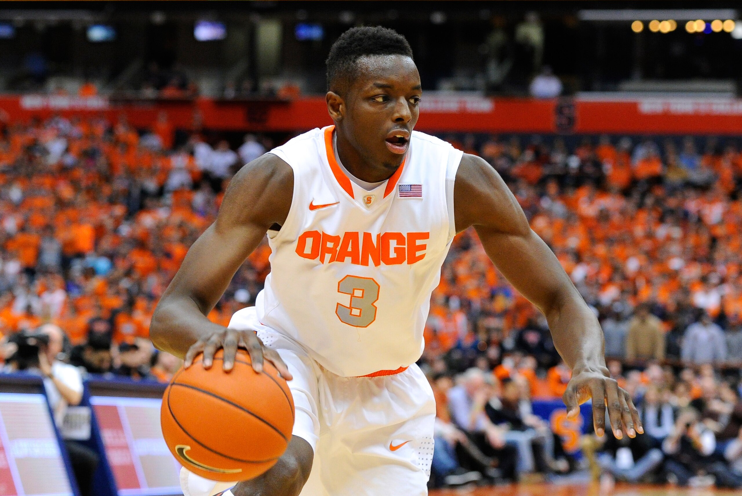 Jan 18, 2014; Syracuse, NY, USA; Syracuse Orange forward Jerami Grant (3) drives to the basket against the Pittsburgh Panthers during the first half at the Carrier Dome.  Syracuse defeated Pittsburgh 59-54.  Mandatory Credit: Rich Barnes-USA TODAY Sports
