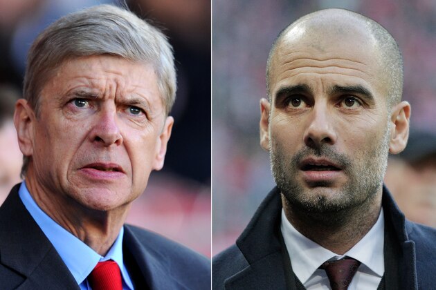 FILE PHOTO - EDITORS NOTE: COMPOSITE OF TWO IMAGES - Image Numbers 452603077 (L) and 452615683) In this composite image a comparison has been made between Arsene Wenger the Arsenal manager (L) and Head coach Josep Guardiola of Bayern Munich. Arsenal and Bayern Munich meet in the UEFA Champions League Round of 16 match 1st leg on February 19,2014 with the 2nd leg on March 11 ,2014.  ***LEFT IMAGE*** CARDIFF, WALES - NOVEMBER 30: Arsene Wenger manager of Arsenal looks on prior to the Barclays Premier League match between Cardiff City and Arsenal at Cardiff City Stadium on November 30, 2013 in Cardiff, Wales. (Photo by Mike Hewitt/Getty Images)  ***RIGHT IMAGE*** MUNICH, GERMANY - NOVEMBER 30: Josep Guardiola of Bayern comes onto the pitch before the Bundesliga match between Bayern Muenchen and Eintracht Braunschweig at Allianz Arena on November 30, 2013 in Munich, Germany. (Photo by Adam Pretty/Bongarts/Getty Images)