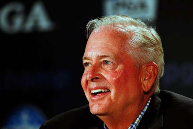 ROCHESTER, NY - AUGUST 07:  Ted Bishop, President of the PGA of America, is interviewed during a press conference during a practice round prior to the start of the 95th PGA Championship at Oak Hill Country Club on August 7, 2013 in Rochester, New York.  (Photo by Scott Halleran/Getty Images)