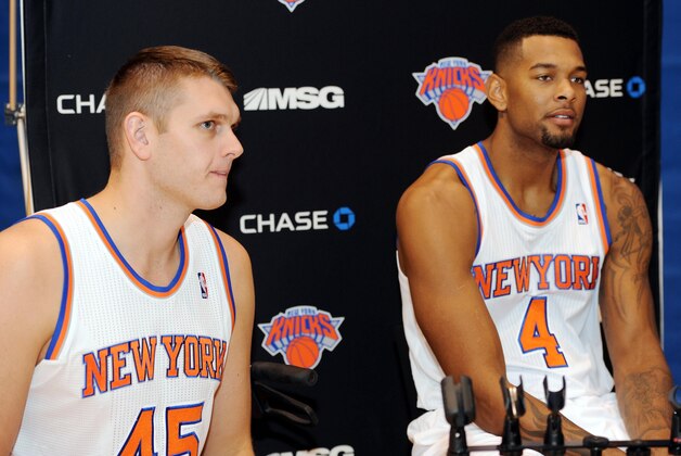 Sep 30, 2013; Tarrytown, NY, USA; New York Knicks center Cole Aldrich (45) and power forward Jeremy Tyler (4) answer questions during media day at MSG Training Center. Mandatory Credit: Joe Camporeale-USA TODAY Sports Sep 30, 2013; Tarrytown, NY, USA; New York Knicks center Cole Aldrich (45) and power forward Jeremy Tyler (4) answer questions during media day at MSG Training Center. Mandatory Credit: Joe Camporeale-USA TODAY Sports