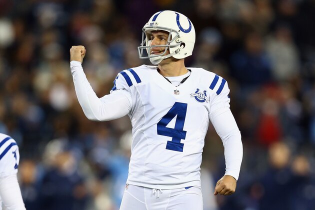 NASHVILLE, TN - NOVEMBER 14:  Adam Vinatieri #4 of the Indianapolis Colts celebrates after making a 50 yard field goal during the game against the Tennessee Titans at LP Field on November 14, 2013 in Nashville, Tennessee.  (Photo by Andy Lyons/Getty Images)