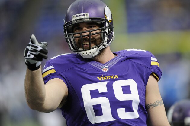 MINNEAPOLIS, MN - DECEMBER 29: Jared Allen #69 of the Minnesota Vikings looks on before the game against the Detroit Lions on December 29, 2013 at Mall of America Field at the Hubert H. Humphrey Metrodome in Minneapolis, Minnesota. (Photo by Hannah Foslien/Getty Images)